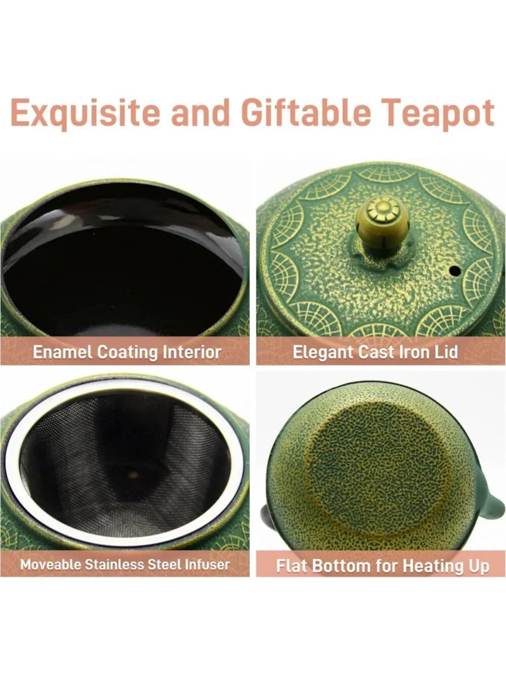 Green Cast Iron Teakettle 900ml Enameled Interior Stovetop Safe Kitchen Teapot